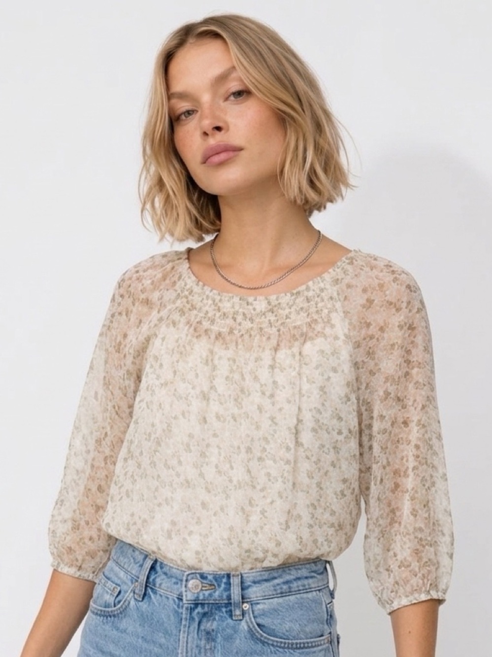 Sheer Floral Puff-Sleeve Blouse in Cream